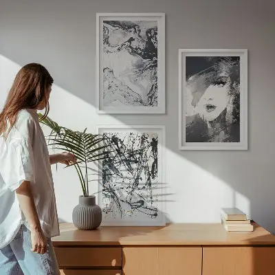 Three-piece abstract wall art set with black and white patterns