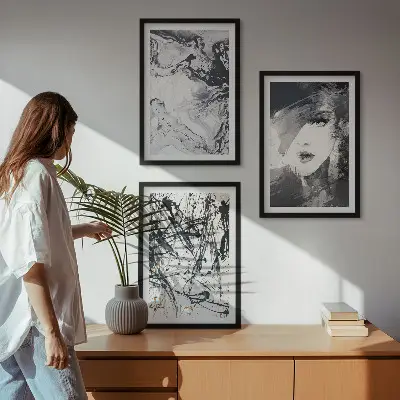 Three-piece abstract wall art set with black and white patterns
