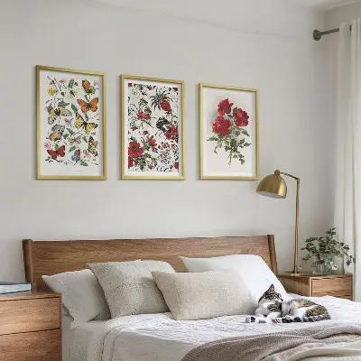 Set of 3 framed wall art pieces featuring butterflies and red roses