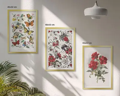 Set of 3 framed wall art pieces featuring butterflies and red roses