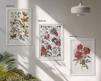 Set of 3 framed wall art pieces Butterflies flowers red roses