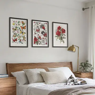 Set of 3 framed wall art pieces featuring butterflies and red roses