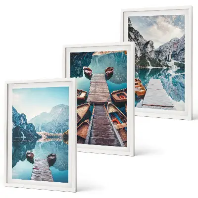 Wall art set featuring a peaceful lake with piers and boats