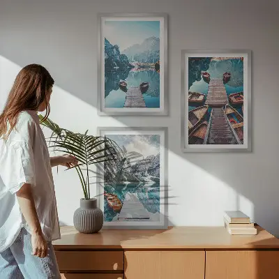 Wall art set featuring a peaceful lake with piers and boats