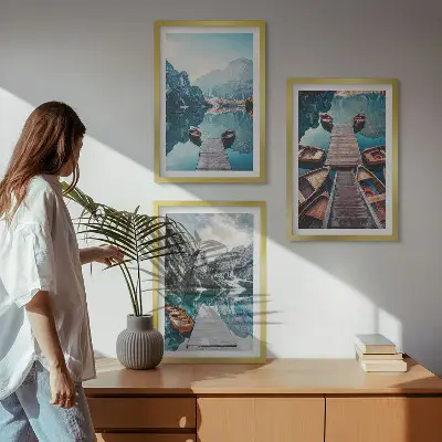 Wall art set featuring a peaceful lake with piers and boats
