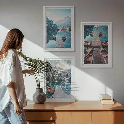 Wall art set featuring a peaceful lake with piers and boats
