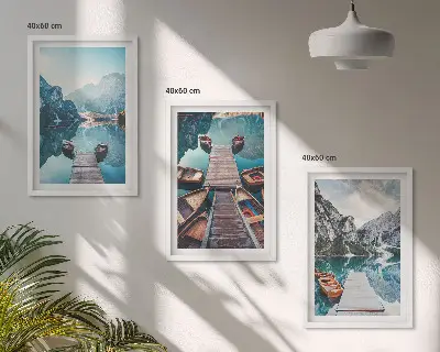 Wall art set featuring a peaceful lake with piers and boats