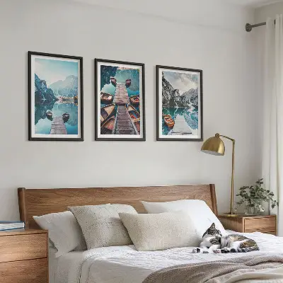Wall art set featuring a peaceful lake with piers and boats