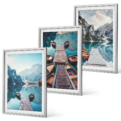 Wall art set featuring a peaceful lake with piers and boats