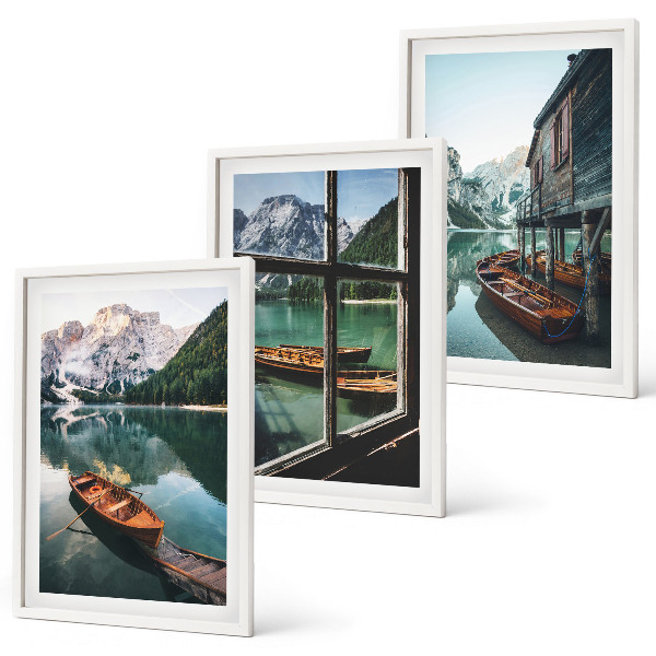 Three-piece wall art piece Mountain lake boats house