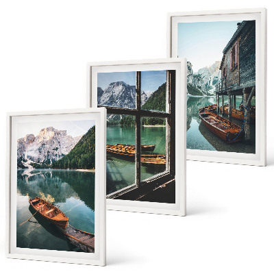 Three-piece wall art piece Mountain lake boats house