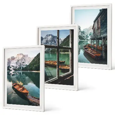 Three-piece mountain lake and boathouse wall art set three-piece wall art set