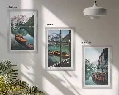 Three-piece mountain lake and boathouse wall art set three-piece wall art set