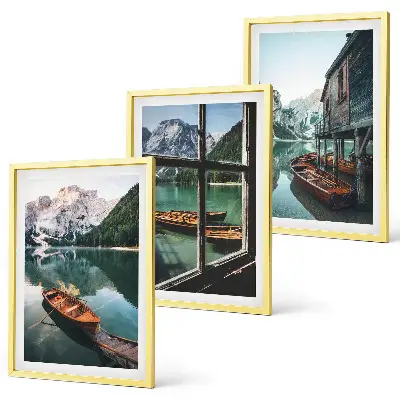 Three-piece mountain lake and boathouse wall art set three-piece wall art set