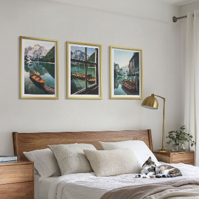 Three-piece wall art piece Mountain lake boats house