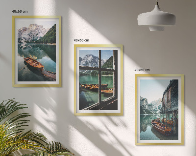 Three-piece wall art piece Mountain lake boats house