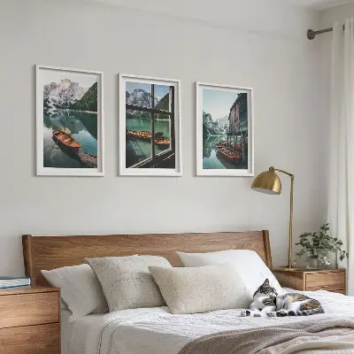 Three-piece mountain lake and boathouse wall art set three-piece wall art set