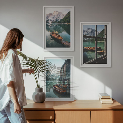 Three-piece wall art piece Mountain lake boats house
