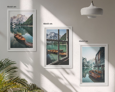 Three-piece wall art piece Mountain lake boats house