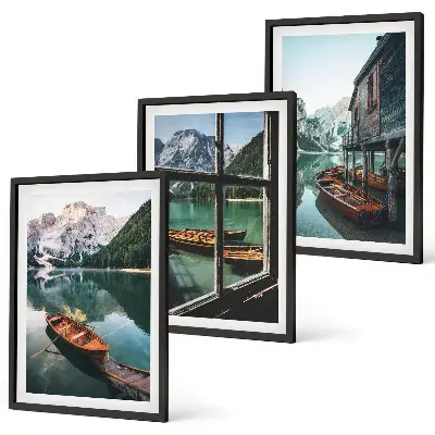 Three-piece mountain lake and boathouse wall art set three-piece wall art set
