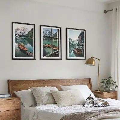 Three-piece mountain lake and boathouse wall art set three-piece wall art set