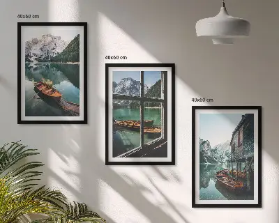 Three-piece mountain lake and boathouse wall art set three-piece wall art set