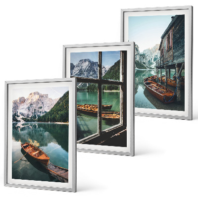 Three-piece wall art piece Mountain lake boats house