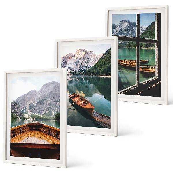 Set of 3 framed wall art pieces Mountain lake boats window
