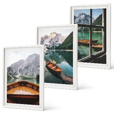 Set of 3 framed wall art pieces mountain lake with boats window view