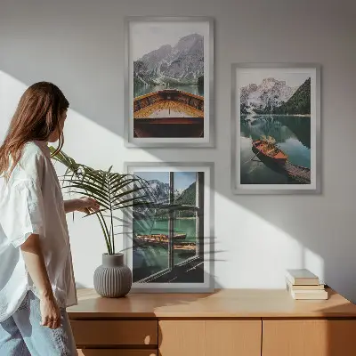 Set of 3 framed wall art pieces mountain lake with boats window view