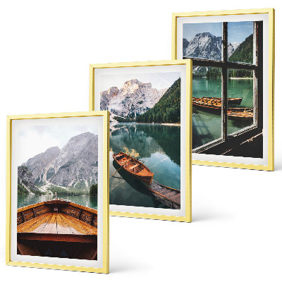 Set of 3 framed wall art pieces Mountain lake boats window