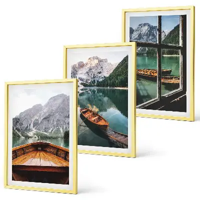 Set of 3 framed wall art pieces mountain lake with boats window view