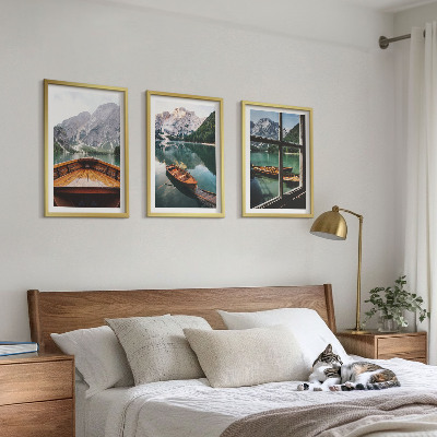 Set of 3 framed wall art pieces Mountain lake boats window
