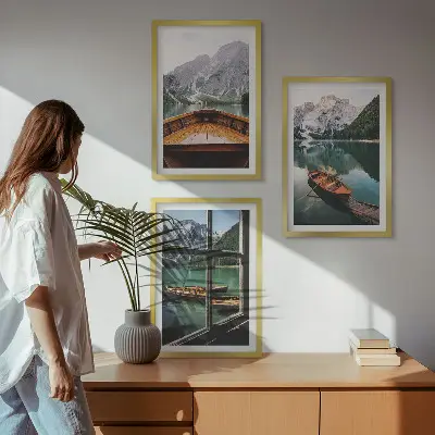 Set of 3 framed wall art pieces mountain lake with boats window view