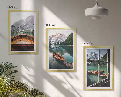 Set of 3 framed wall art pieces Mountain lake boats window