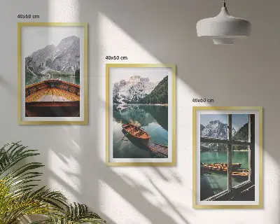 Set of 3 framed wall art pieces mountain lake with boats window view