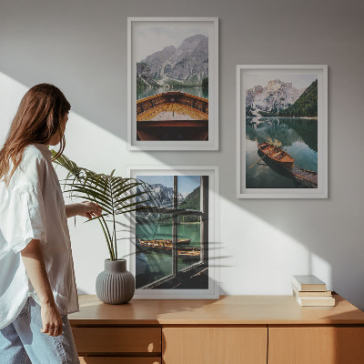 Set of 3 framed wall art pieces Mountain lake boats window
