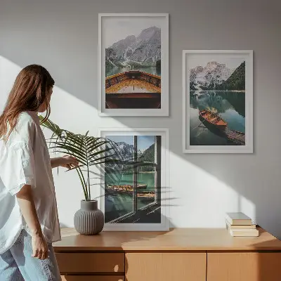Set of 3 framed wall art pieces mountain lake with boats window view
