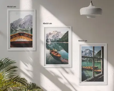Set of 3 framed wall art pieces mountain lake with boats window view