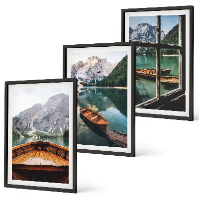 Set of 3 framed wall art pieces Mountain lake boats window