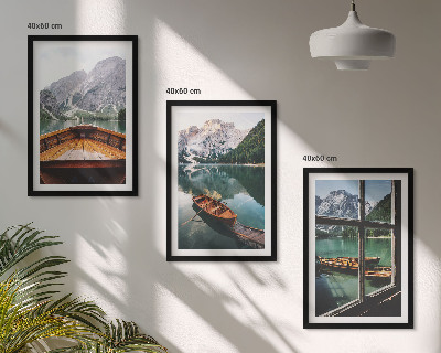 Set of 3 framed wall art pieces Mountain lake boats window