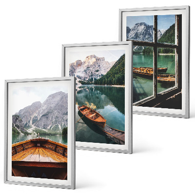 Set of 3 framed wall art pieces Mountain lake boats window