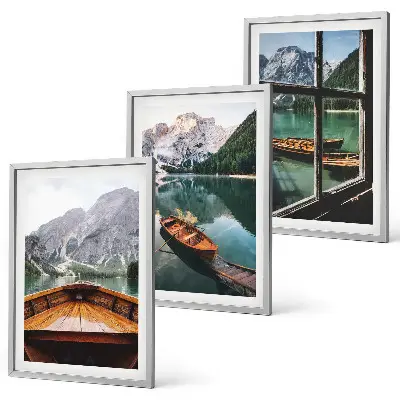 Set of 3 framed wall art pieces mountain lake with boats window view
