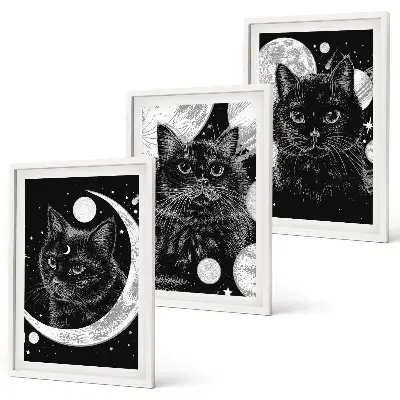 Three-piece wall art set black cats on the moon in space