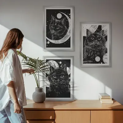 Three-piece wall art set black cats on the moon in space
