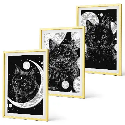 Three-piece wall art set black cats on the moon in space