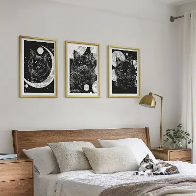 Three-piece wall art set black cats on the moon in space
