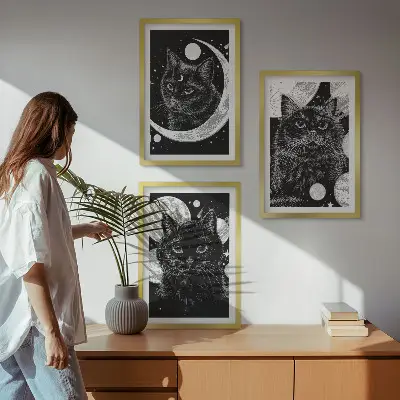Three-piece wall art set black cats on the moon in space