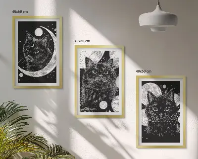 Three-piece wall art set black cats on the moon in space