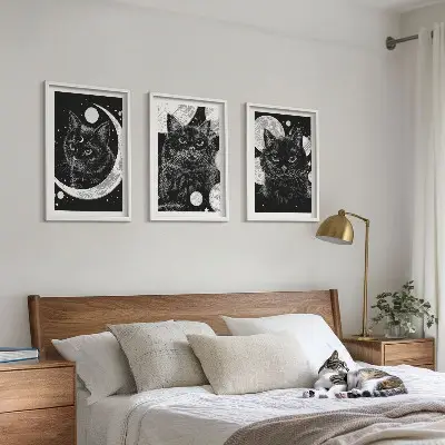 Three-piece wall art set black cats on the moon in space